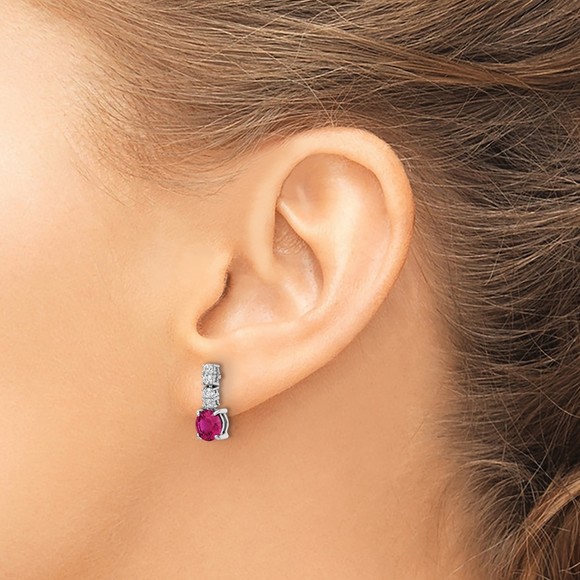 925 Sterling Silver  Created Ruby (July Birthstone) & CZ Post Dangle Earrings - Picture 3 of 4